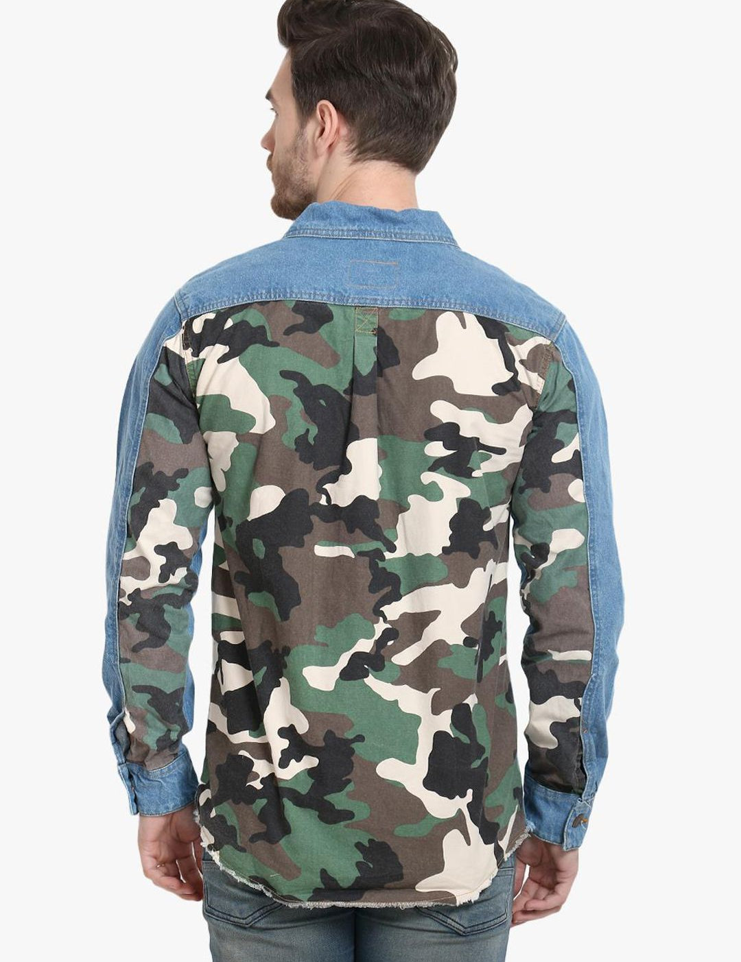 Kotty Men Blue & Green Camouflage Printed Denim Jacket