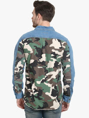 Kotty Men Blue & Green Camouflage Printed Denim Jacket