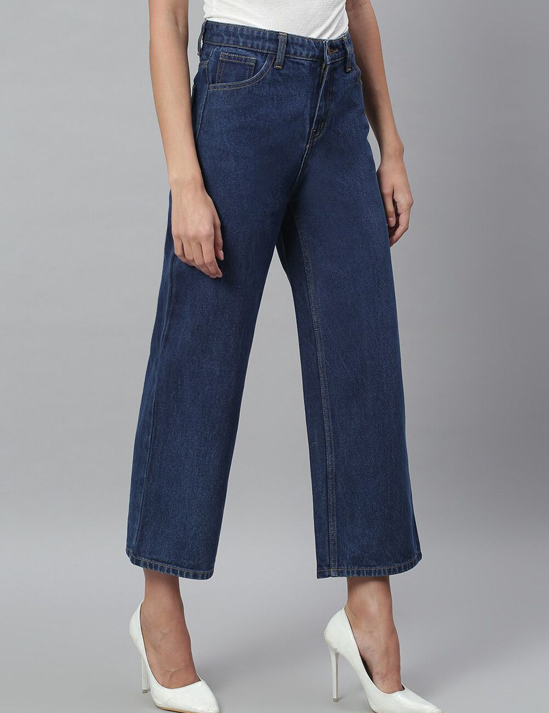 Kotty Women Blue Solid Cotton High Rise Crop Flared Jeans