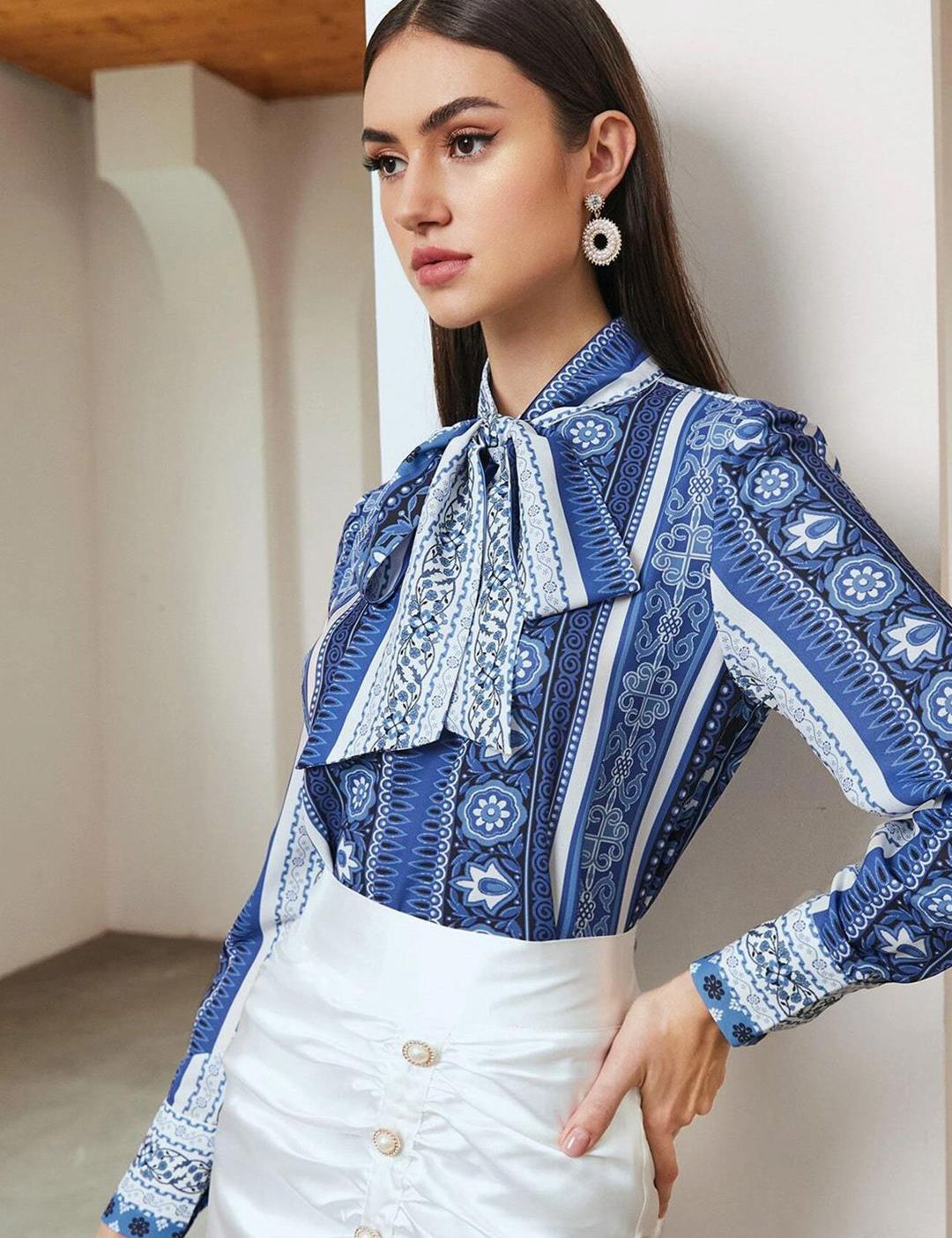 Kotty Print Tie-Up Neck Crepe Shirt Style Top