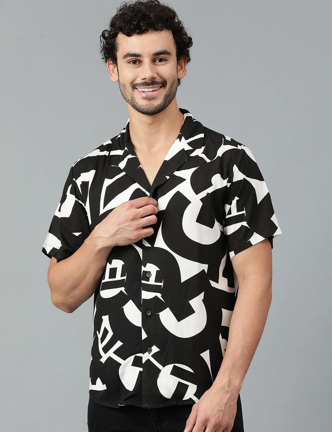 Kotty Men Cuban Collar Abstract Printed Casual Shirt