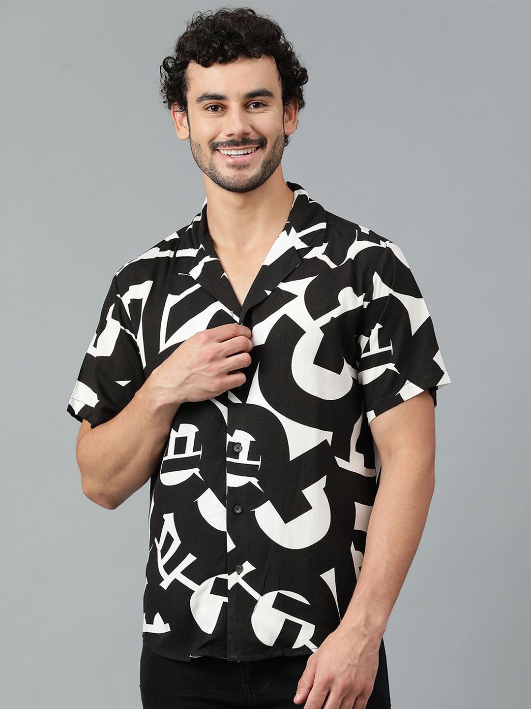 Kotty Men Cuban Collar Abstract Printed Casual Shirt
