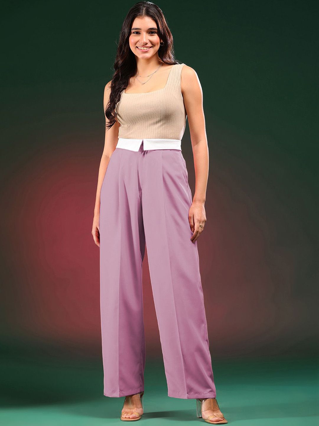 Kotty Women Straight Fit High-Rise Easy Wash Pleated Trousers