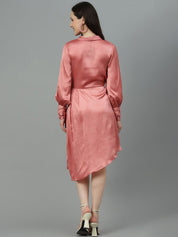 Kotty Pink V Neck Cuffed Sleeves Satin Pleated Fit & Flare Dress
