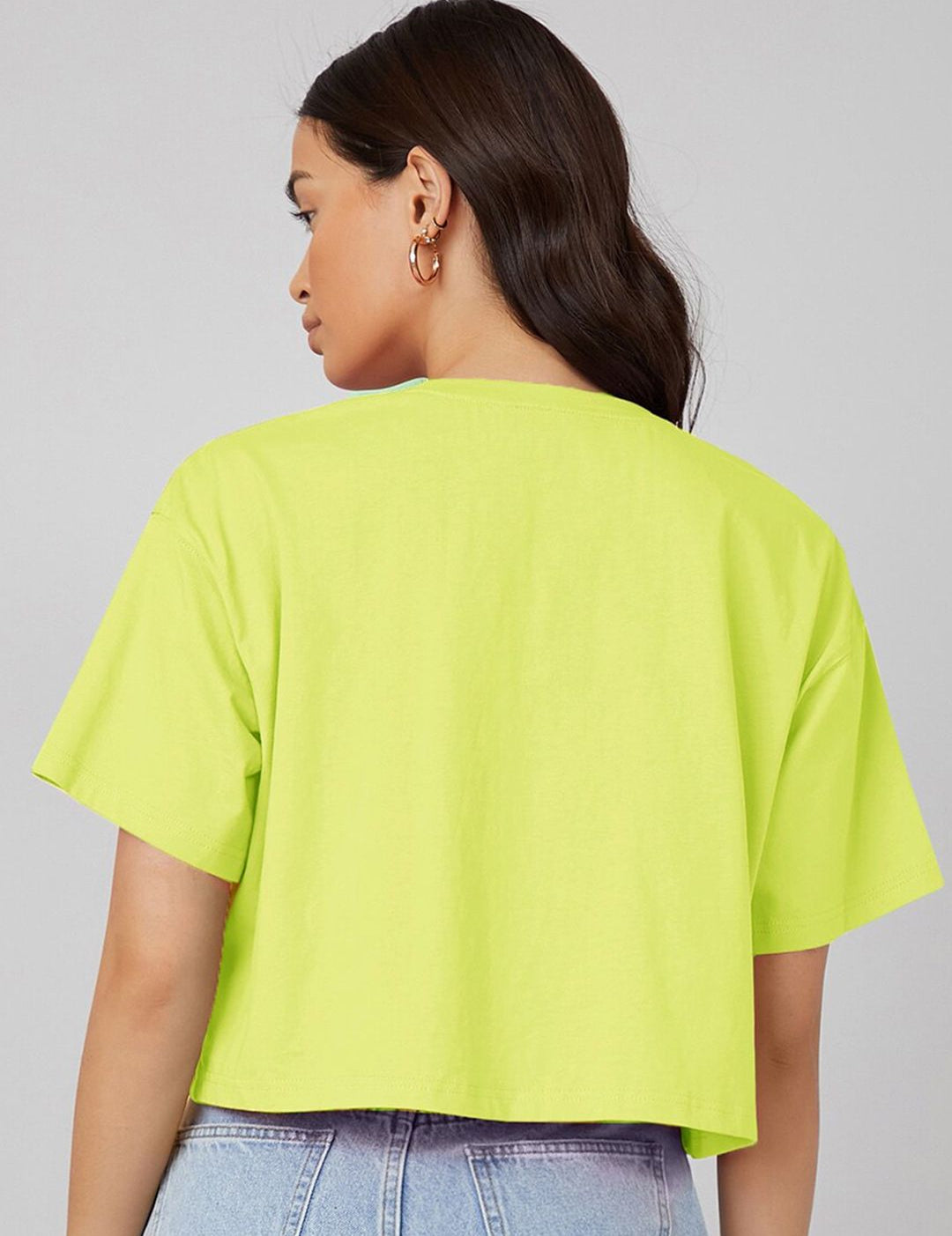 KOTTY Basics Yellow Round Neck Drop-Shoulder Sleeves Crop Oversized T-shirt