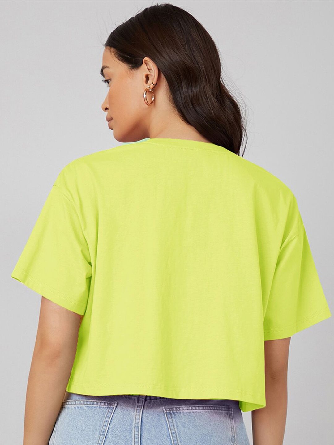 KOTTY Basics Yellow Round Neck Drop-Shoulder Sleeves Crop Oversized T-shirt