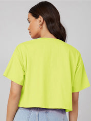 KOTTY Basics Yellow Round Neck Drop-Shoulder Sleeves Crop Oversized T-shirt