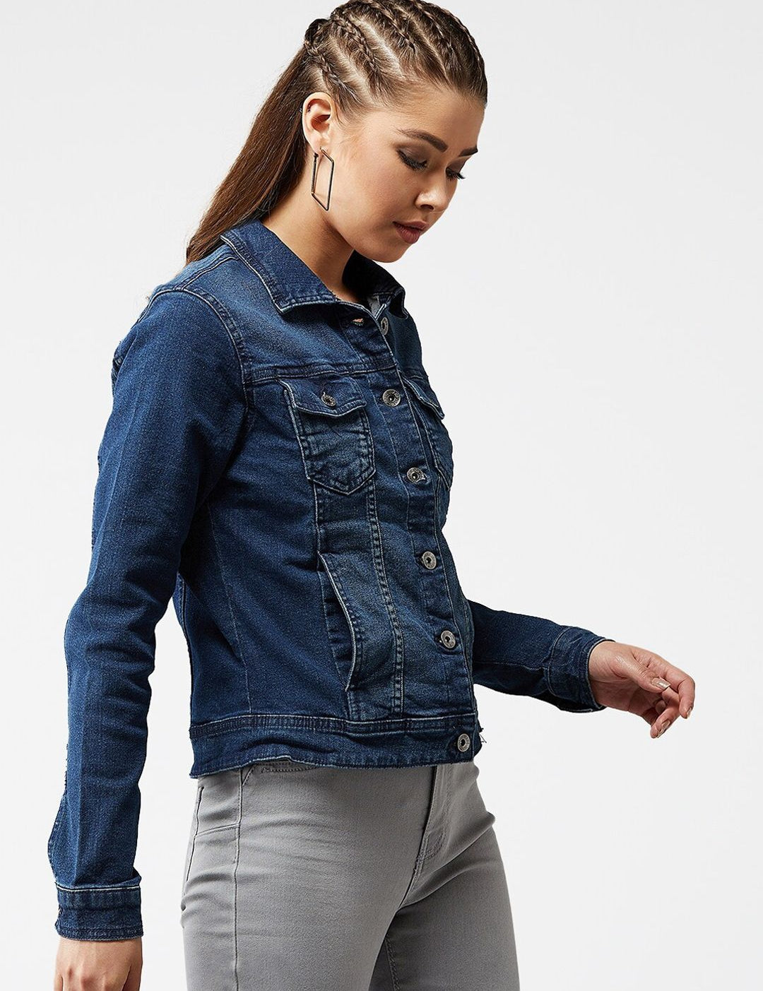 Kotty Women Navy Blue Solid Denim Jacket