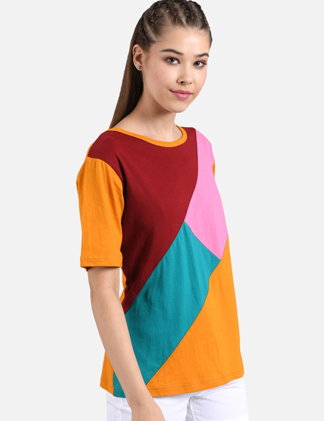 Kotty Women Orange & Maroon Colourblocked Round Neck T-shirt
