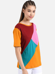 Kotty Women Orange & Maroon Colourblocked Round Neck T-shirt