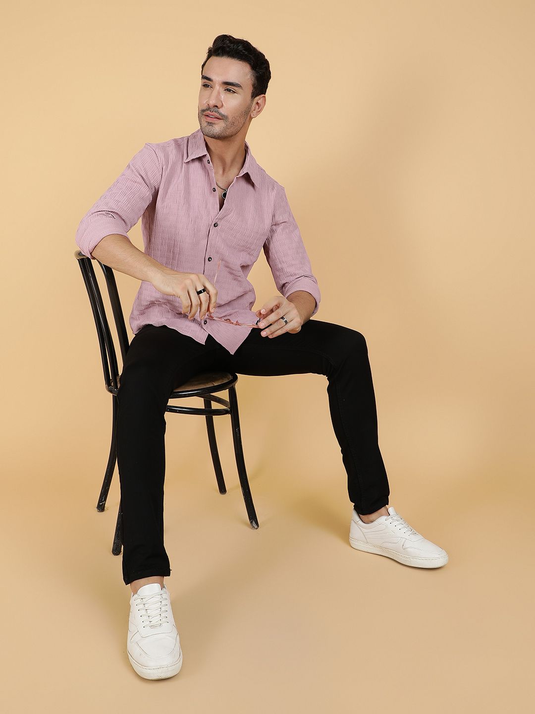 Kotty Men Relaxed Spread Collar Textured Casual Shirt