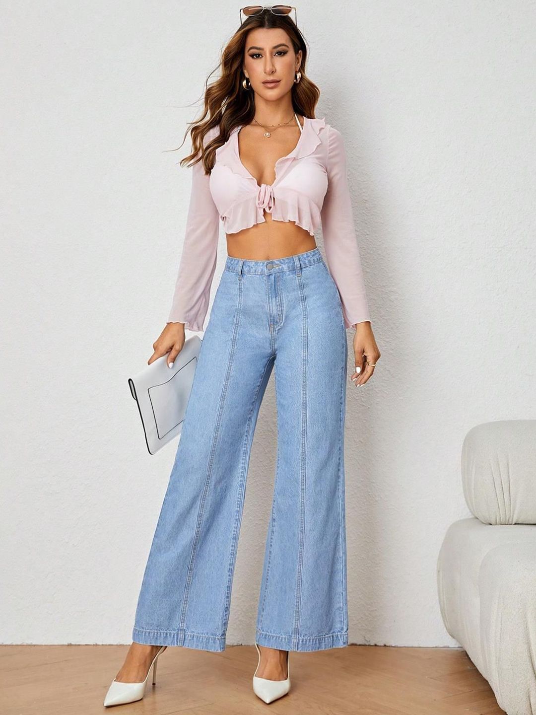 Kotty Women Wide Leg High-Rise Clean Look Stretchable Jeans