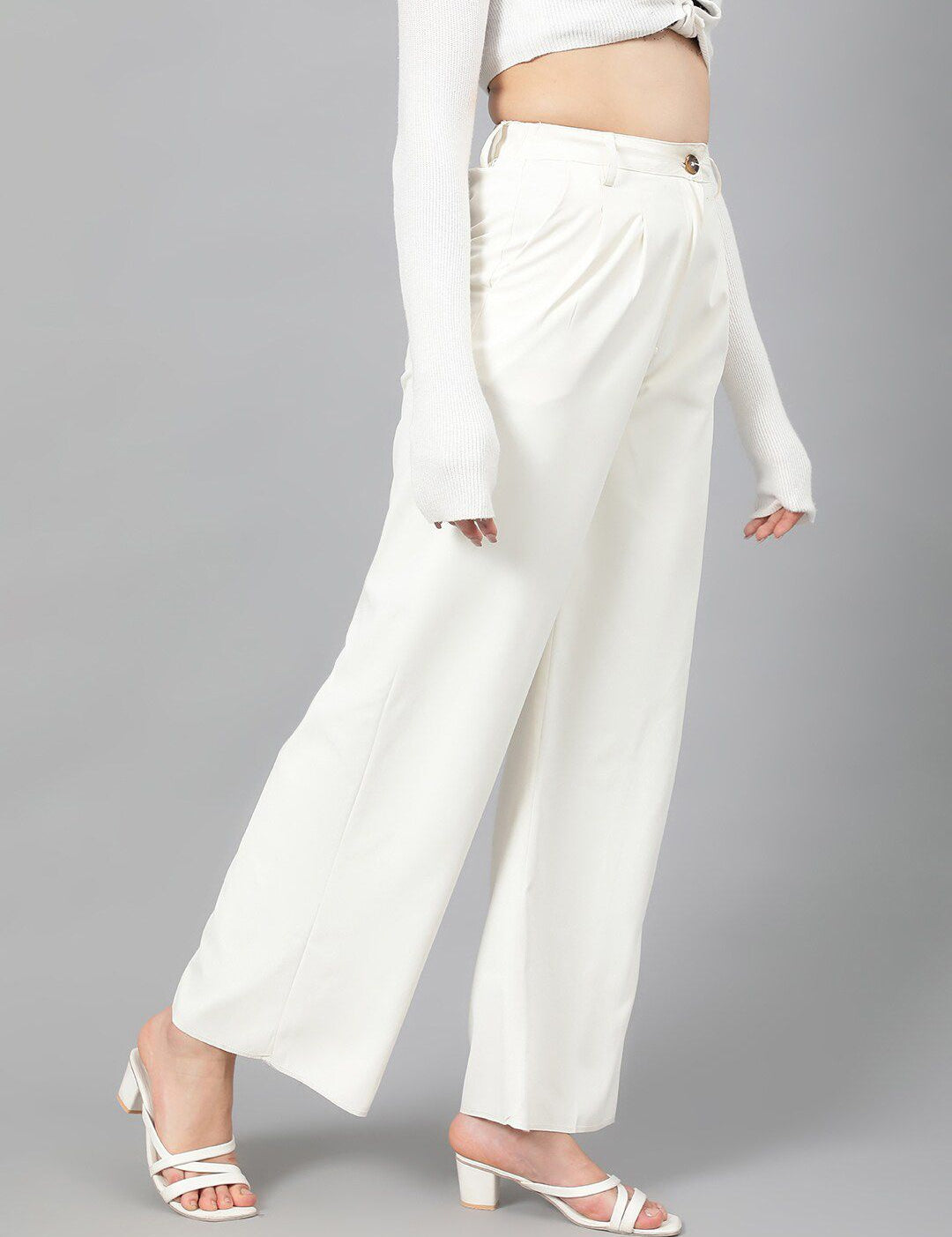 Kotty Women White Relaxed Straight Leg Fit High-Rise Easy Wash Parallel Trousers