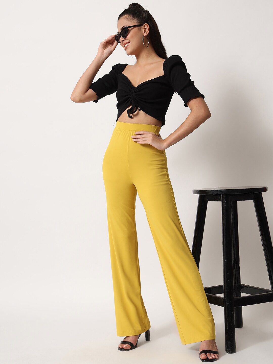 Kotty Women Yellow Relaxed Straight Fit High-Rise Easy Wash Trousers