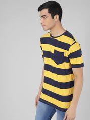 Kotty Men Yellow & Black Striped Round Neck T-shirt