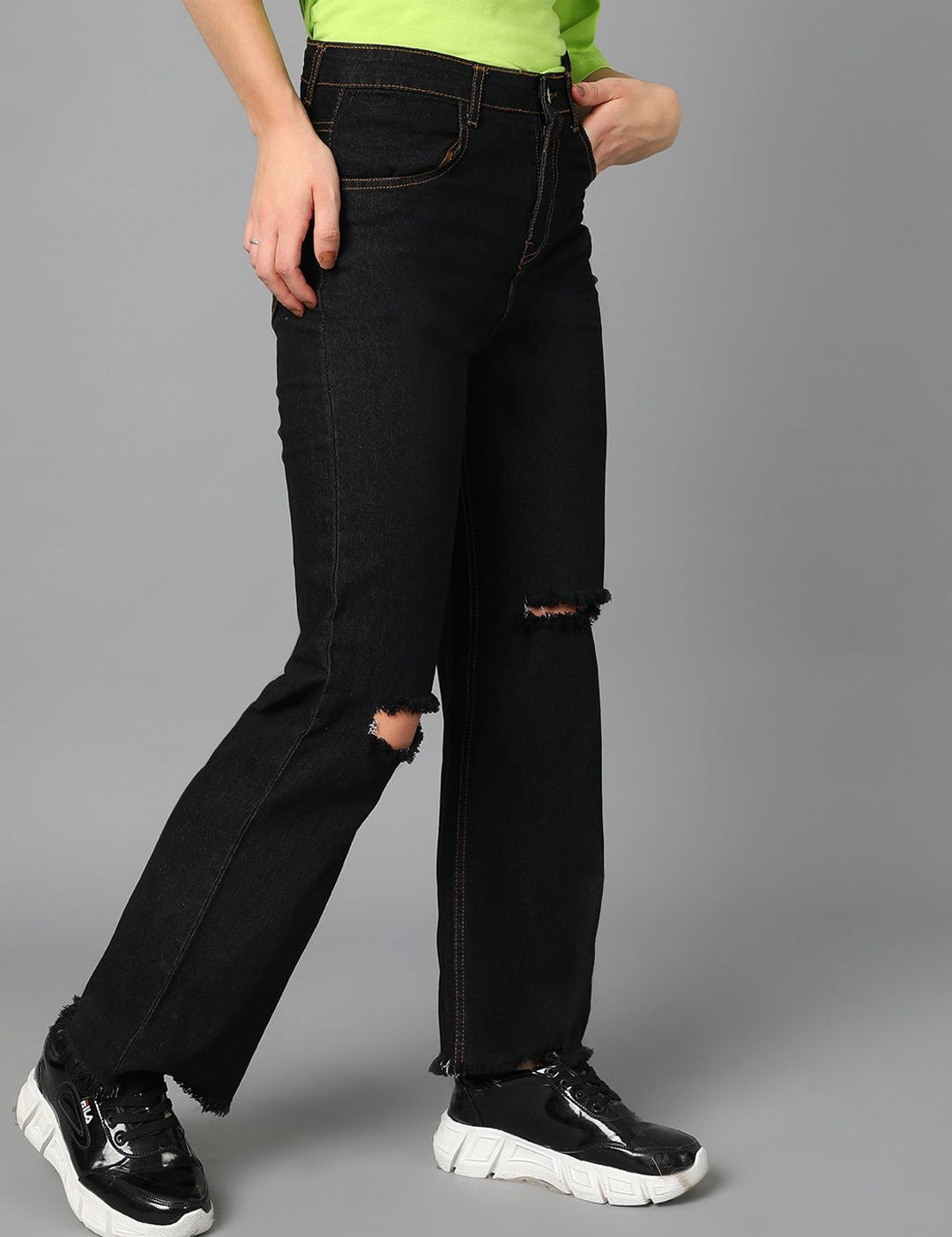 Kotty Women Jean Straight Fit High-Rise Slash Knee Cotton Stretchable Jeans