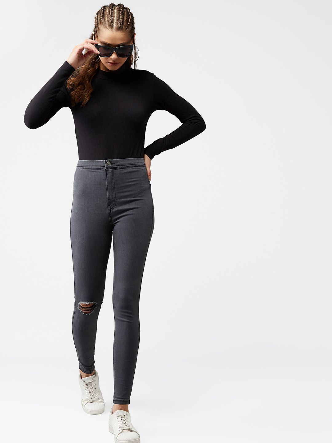 Kotty Women Grey Skinny Fit High-Rise Slash Knee Jeans