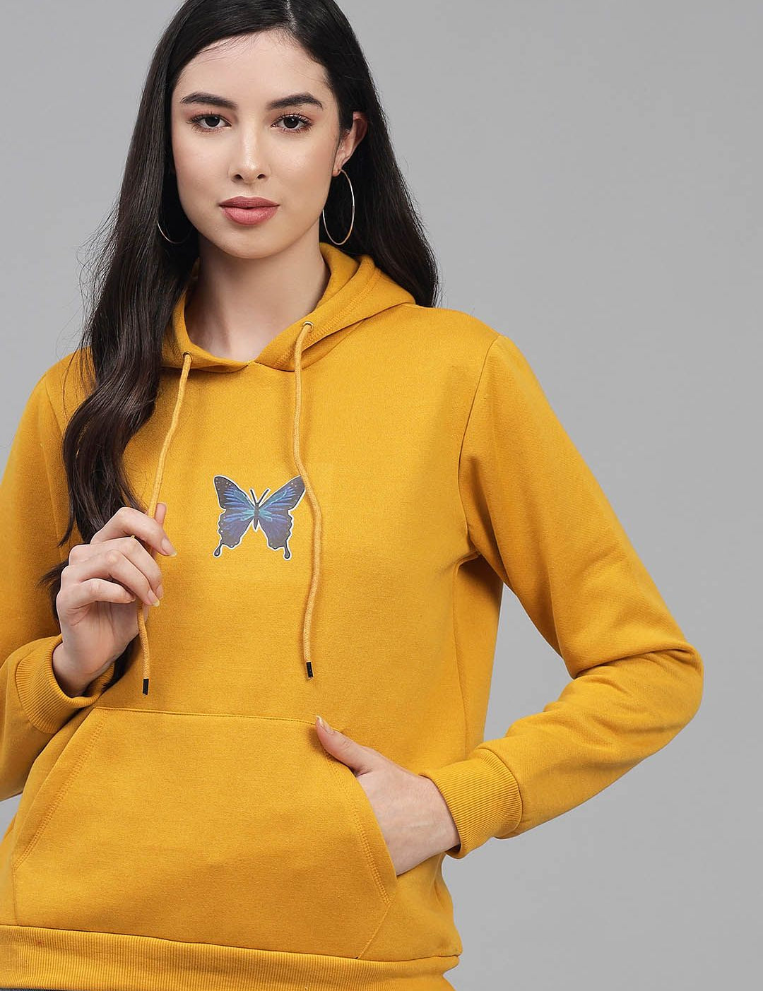 Kotty Women Mustard Printed Fleece Hooded Sweatshirt