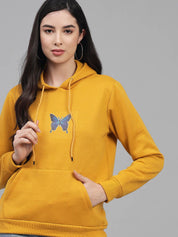 Kotty Women Mustard Printed Fleece Hooded Sweatshirt