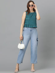 Kotty Geometric Print Crepe Peplum Crop Top