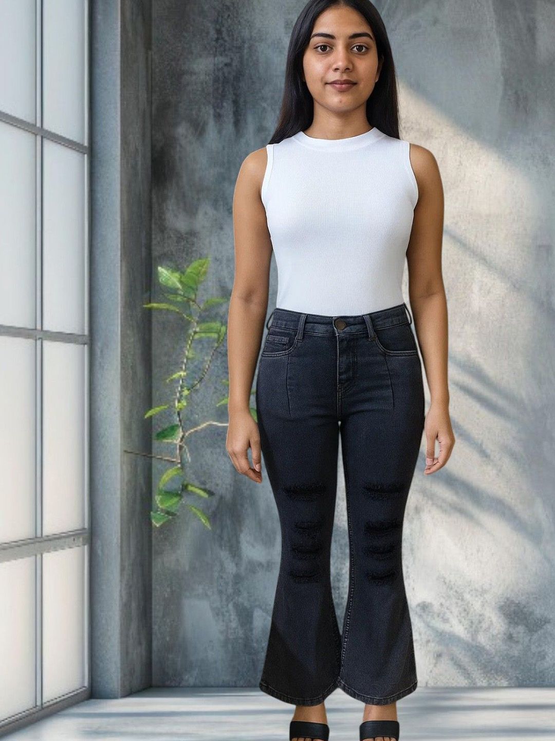 Kotty Women Bootcut High Rise Mildly Distressed Light Fade Stretchable Jeans