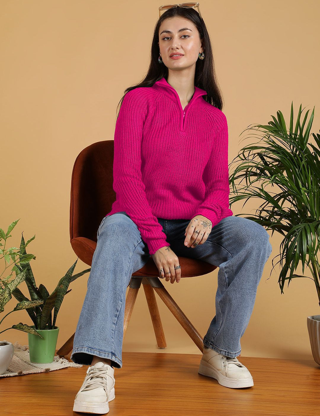 Kotty Women Mock Collar Ribbed Pullover Sweaters