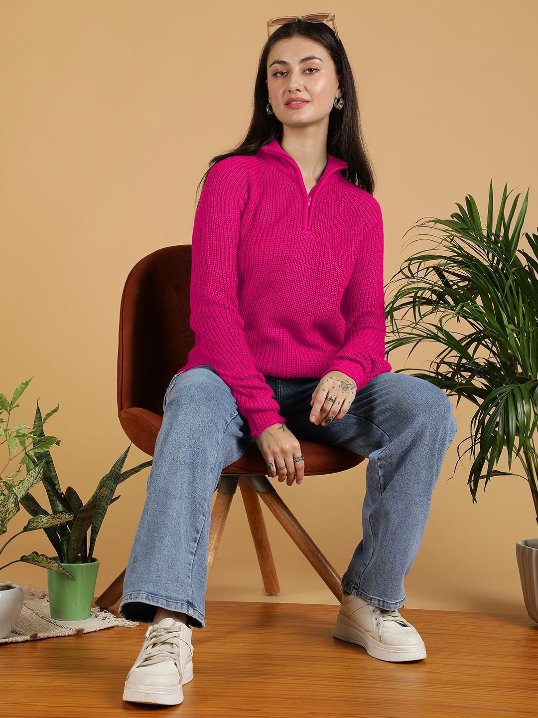 Kotty Women Mock Collar Ribbed Pullover Sweaters