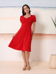 Kotty Women Solid Sweetheart Neck Puff Sleeve A-Line Midi Dress