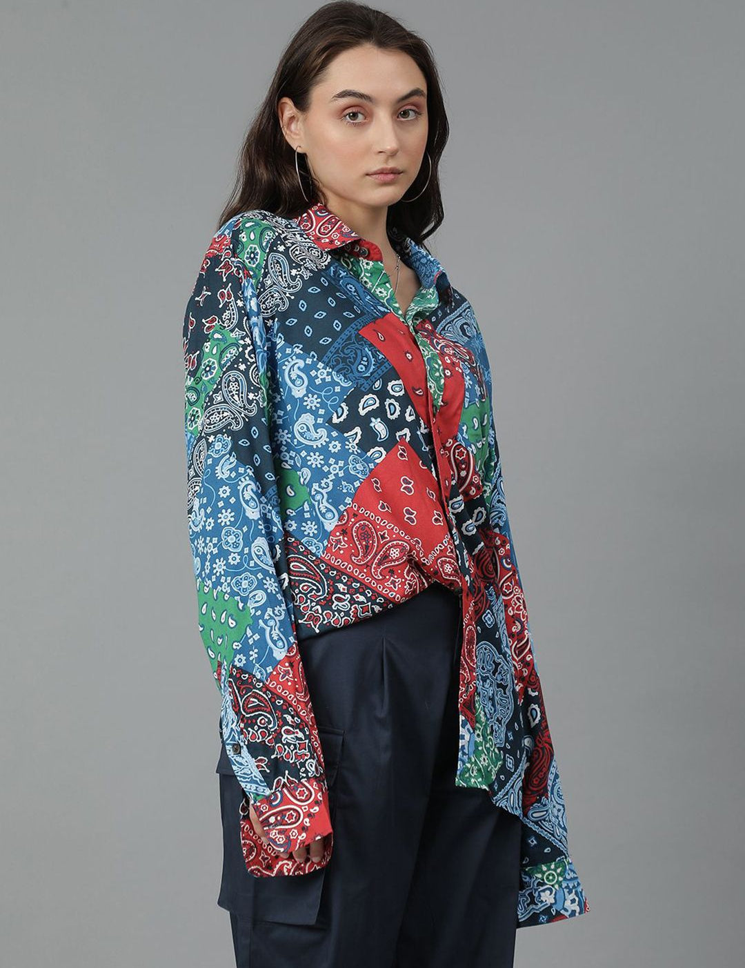 Kotty Women Spread Collar Abstract Printed Cotton Oversized Casual Shirt