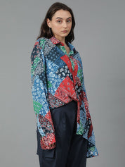 Kotty Women Spread Collar Abstract Printed Cotton Oversized Casual Shirt