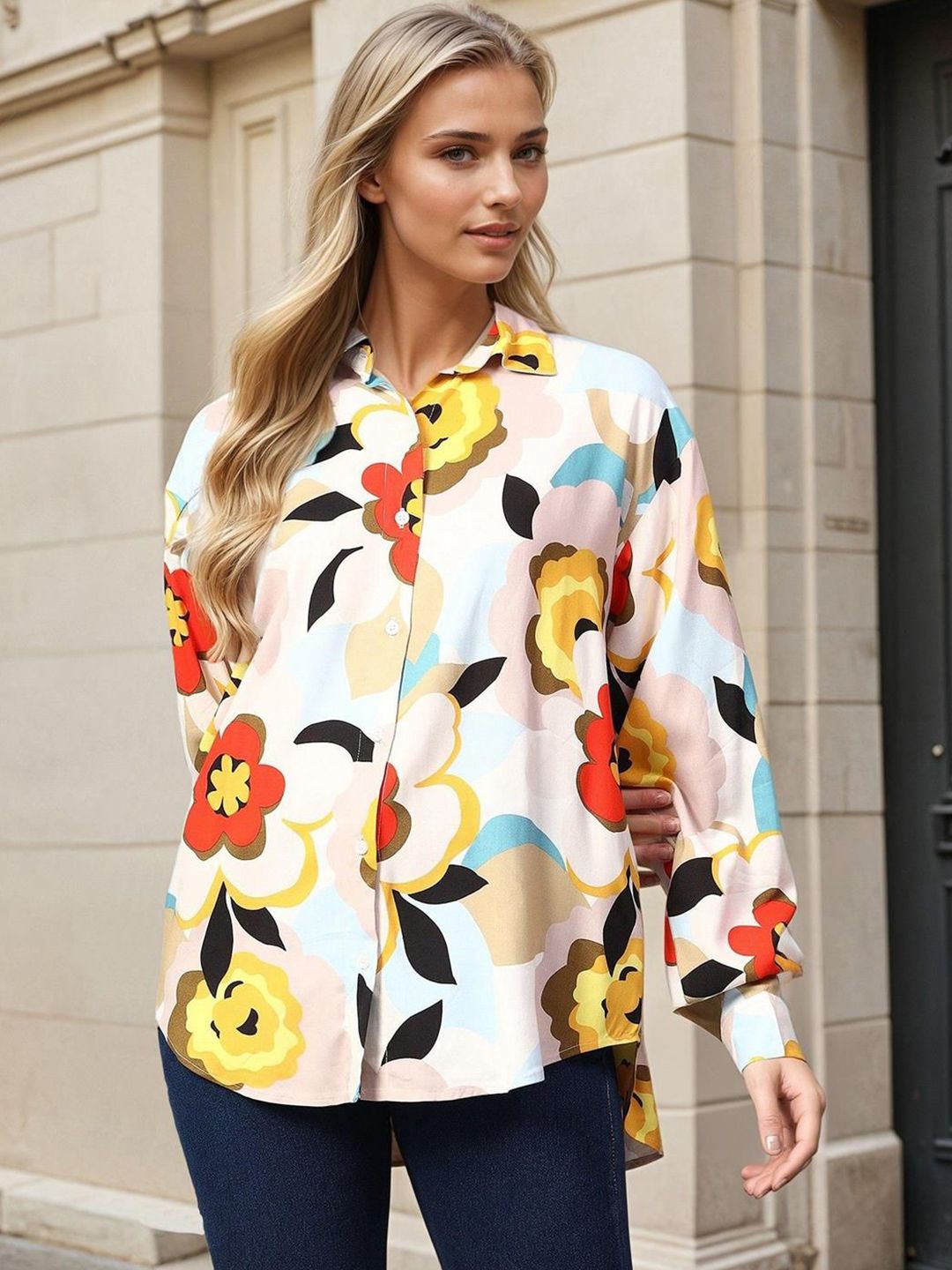 Kotty Women Spread Collar Floral Printed Cotton Casual Shirt