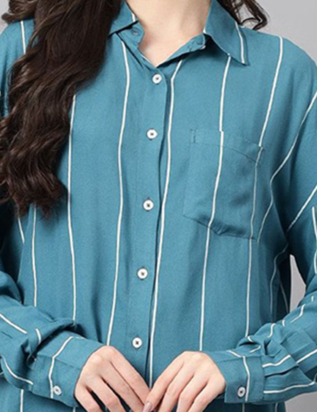 Kotty Women Comfort Spread Collar Vertical Striped Cotton Oversized Casual Shirt