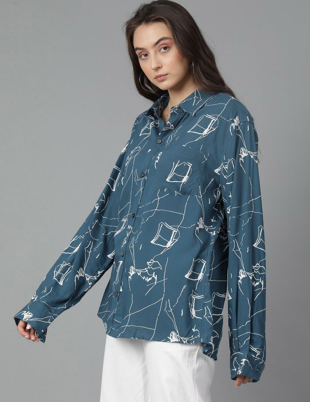 Kotty Women Spread Collar Abstract Printed Cotton Oversized Casual Shirt