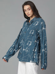 Kotty Women Spread Collar Abstract Printed Cotton Oversized Casual Shirt