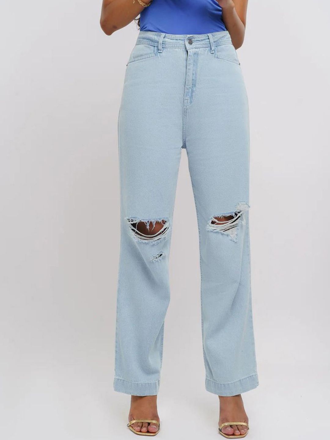 Kotty Women Jean Straight Fit High-Rise Slash Knee Stretchable Jeans