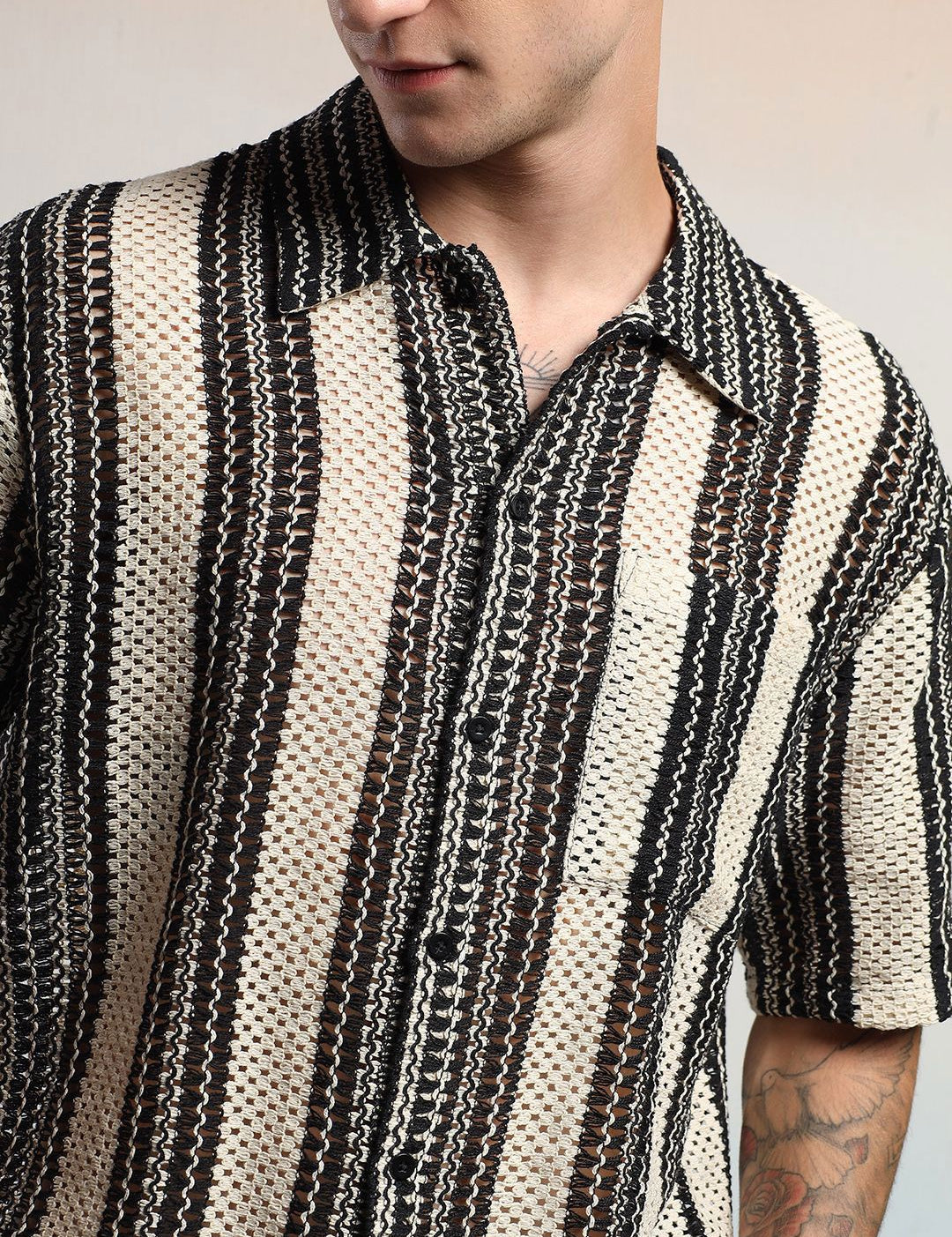 Kotty Men Vertical Stripes Self Design Cotton Sheer Casual Shirt