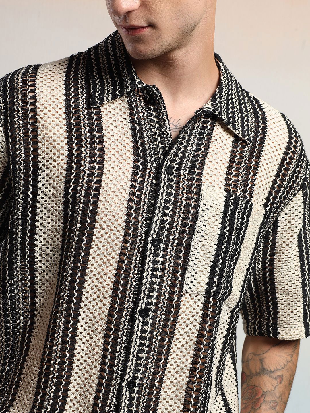 Kotty Men Vertical Stripes Self Design Cotton Sheer Casual Shirt