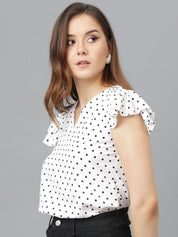 Kotty Women Polka Dot Printed V-Neck Flutter Sleeve Top