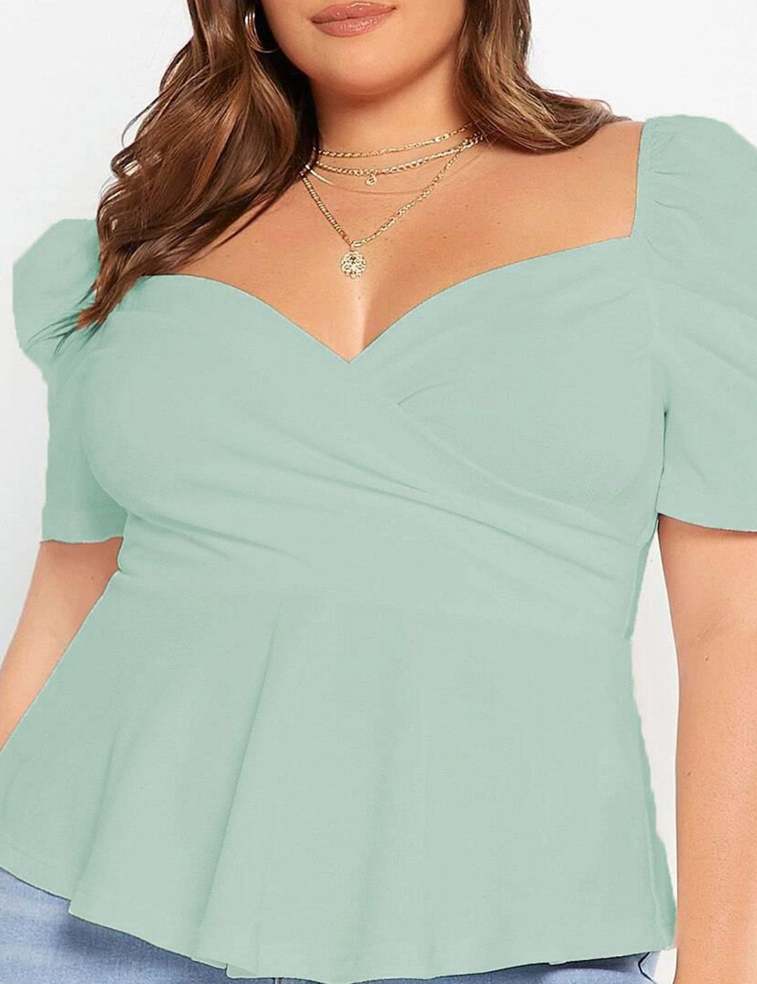 KOTTY Sweetheart Neck Puff Sleeve Peplum Top