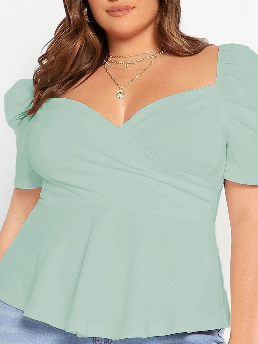 KOTTY Sweetheart Neck Puff Sleeve Peplum Top
