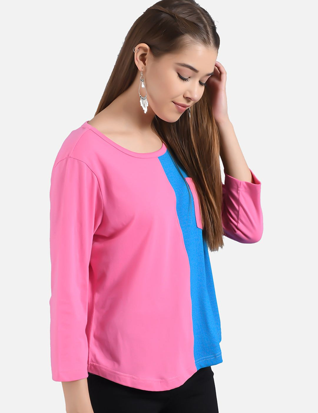 Kotty Women Pink & Blue Colourblocked Round Neck T-shirt