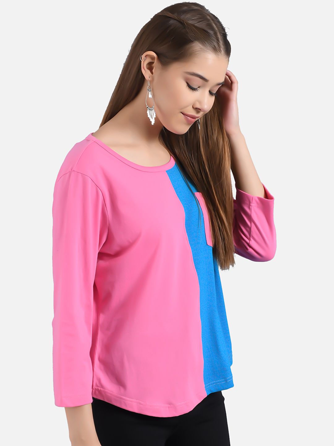 Kotty Women Pink & Blue Colourblocked Round Neck T-shirt