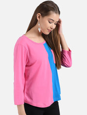 Kotty Women Pink & Blue Colourblocked Round Neck T-shirt