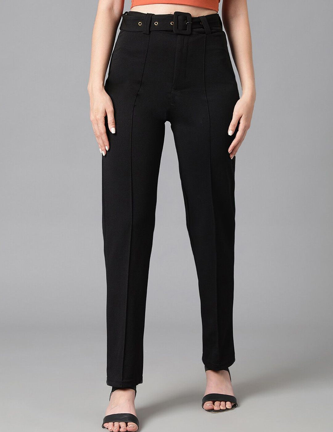 Kotty Women Black Relaxed Straight Leg High-Rise Easy Wash Trousers Comes With Belt