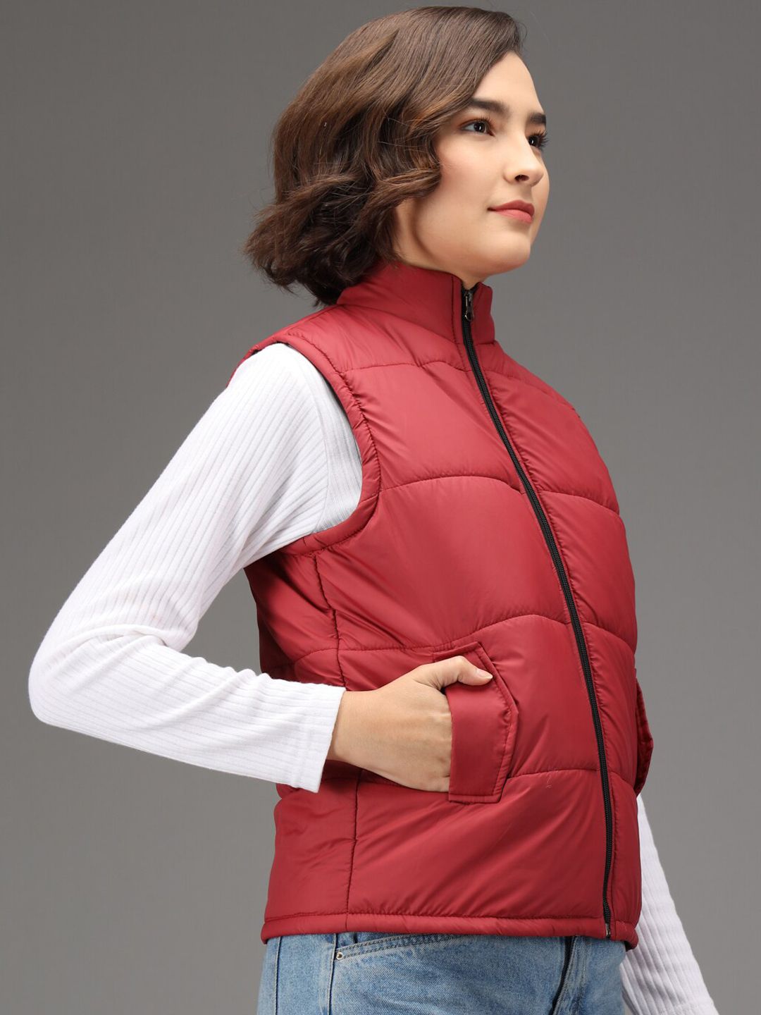 Kotty Women Maroon Colourblocked Training or Gym Padded Jacket