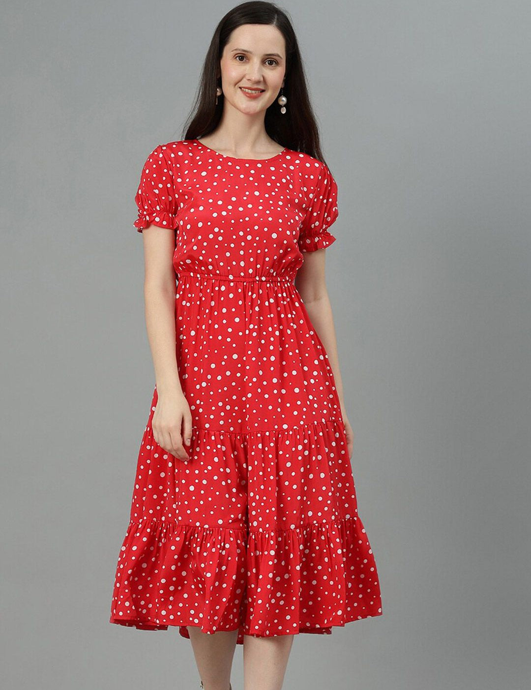 Kotty Red Polka Dot Print Puff Sleeve Fit & Flare Midi Dress