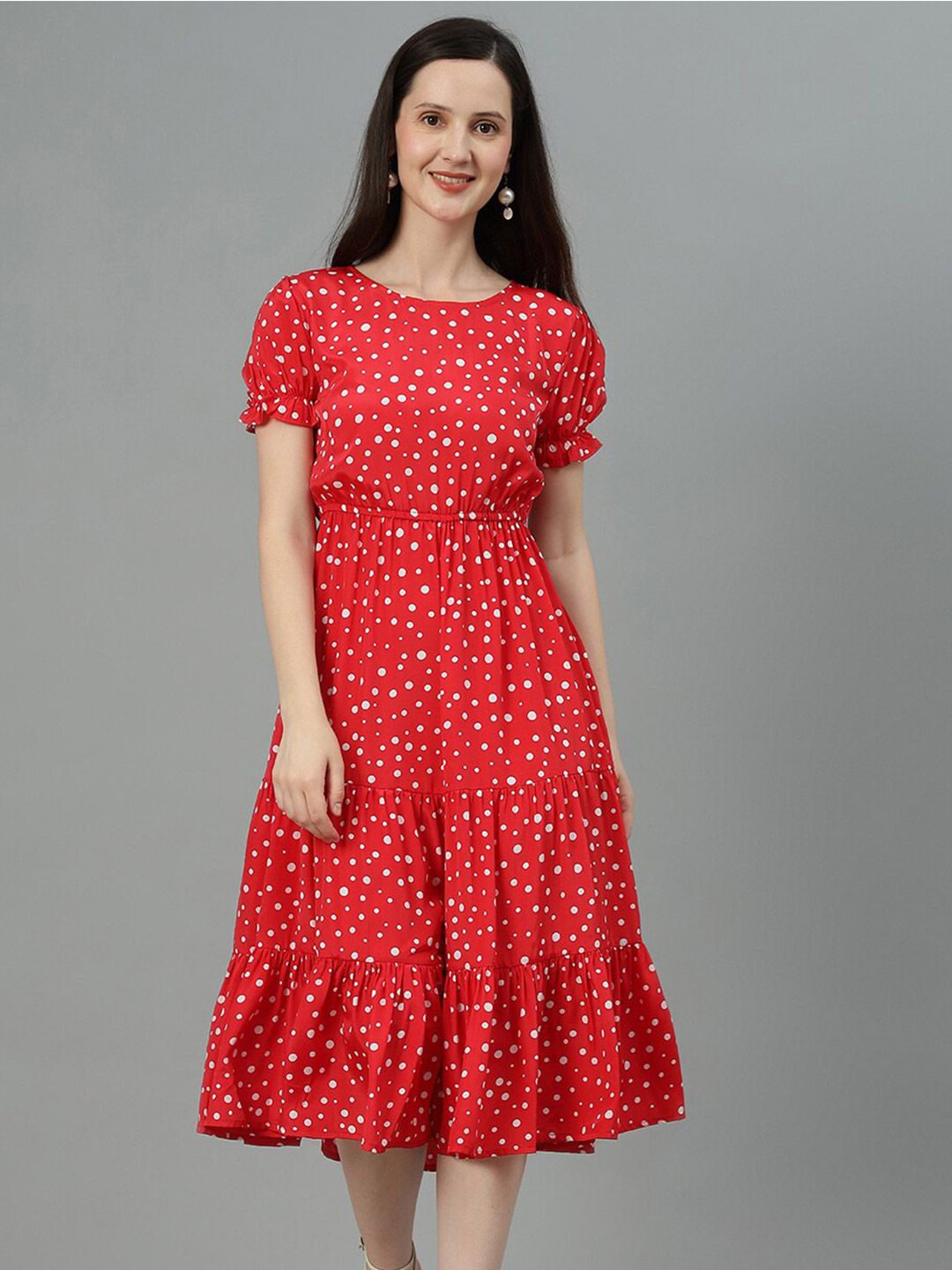Kotty Red Polka Dot Print Puff Sleeve Fit & Flare Midi Dress