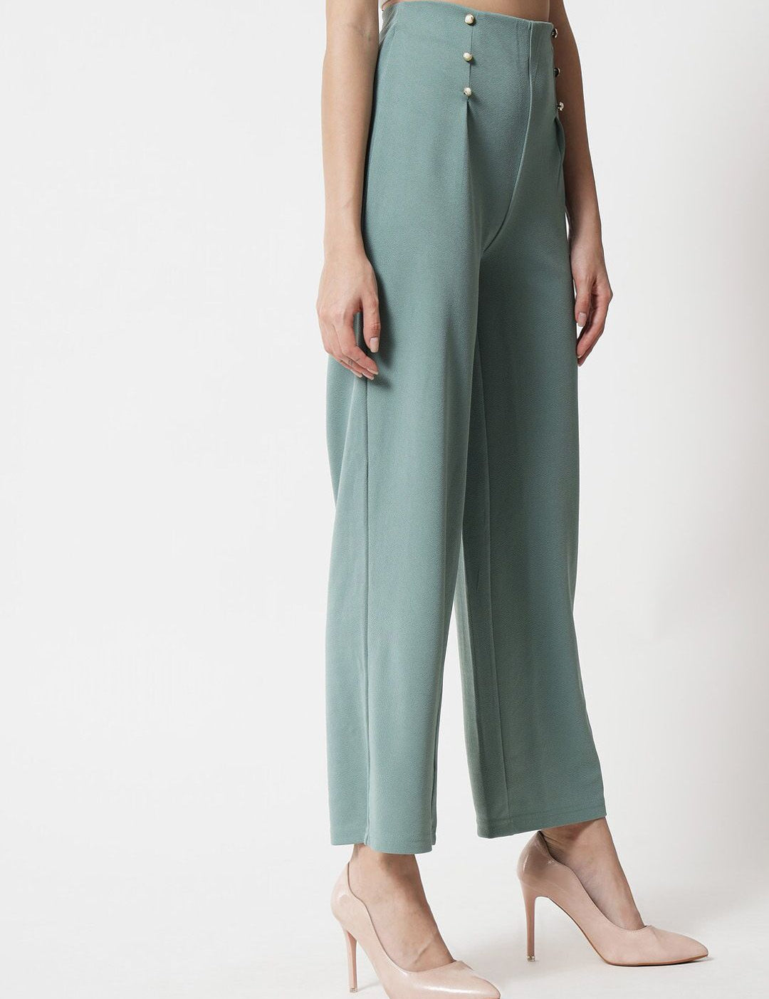 Kotty Women Green Relaxed Straight Fit High-Rise Easy Wash Pleated Trousers