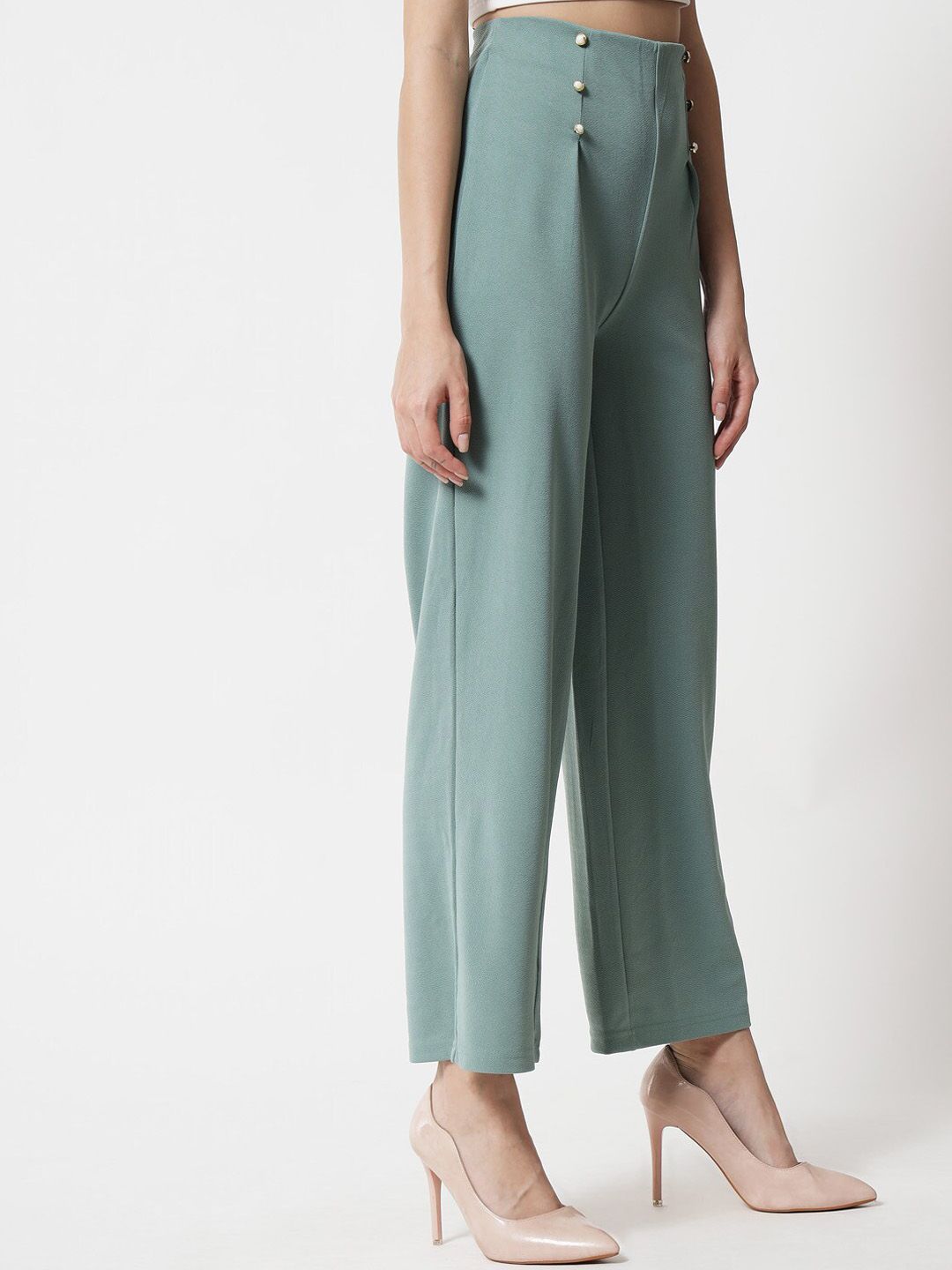 Kotty Women Green Relaxed Straight Fit High-Rise Easy Wash Pleated Trousers