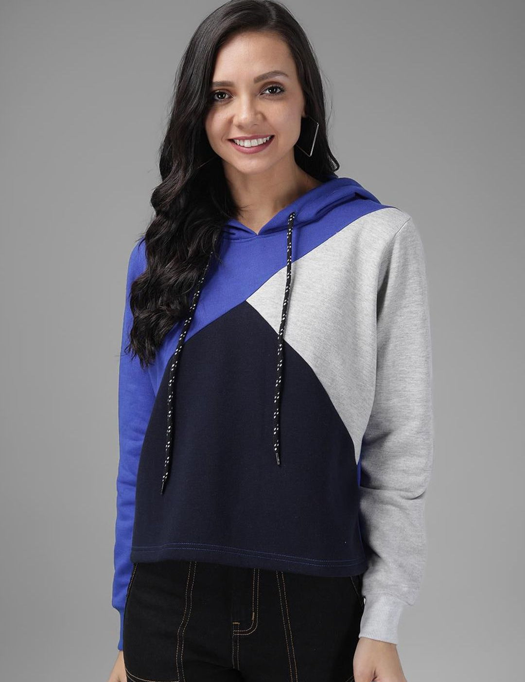 Kotty Women Blue & Black Colourblocked Hooded Sweatshirt